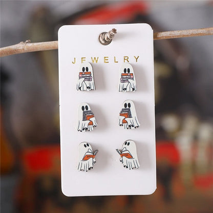 Wooden Ghost-Shaped Earrings Set For Halloween