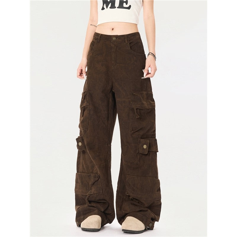 Distressed Cargo Wide-Leg Pants Unisex Loose Fit Casual Trousers
