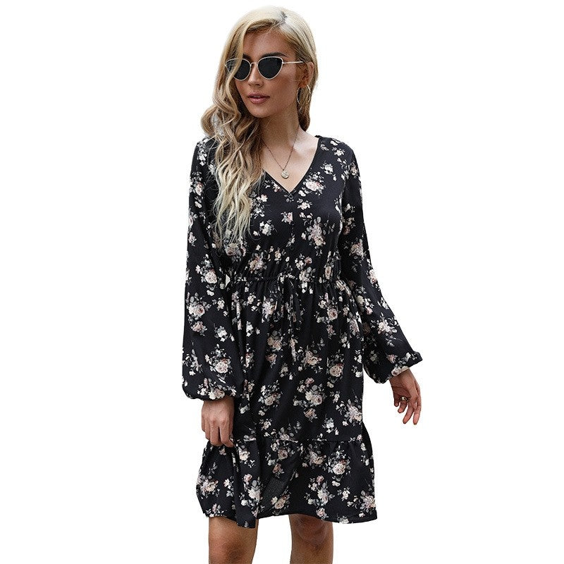 Short Printed Long Sleeve V-Neck Black Dress