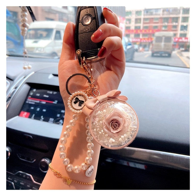 Bow Pearl Chain Keychain With Preserved Flower
