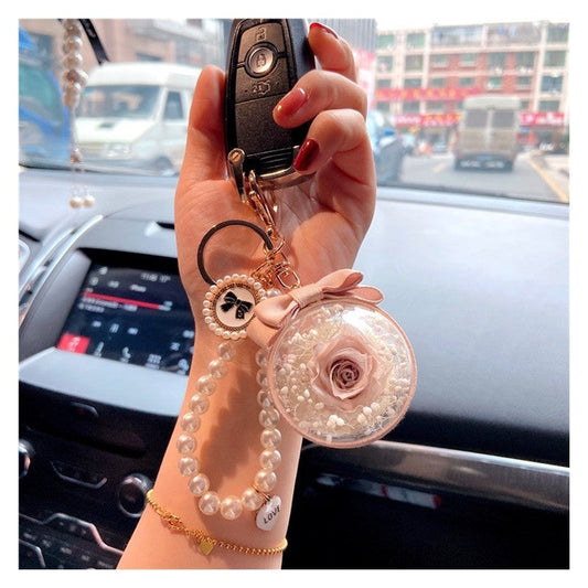 Bow Pearl Chain Keychain With Preserved Flower