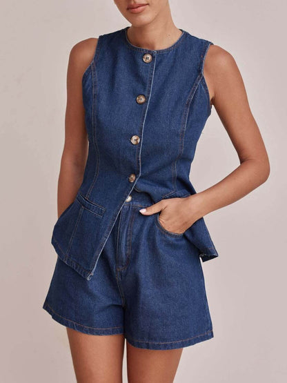 Sleeveless Button Vest Short Denim Set