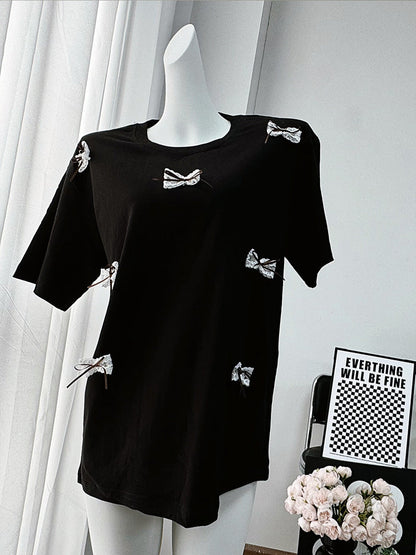 Simple Bow Round Neck Short Sleeves Top