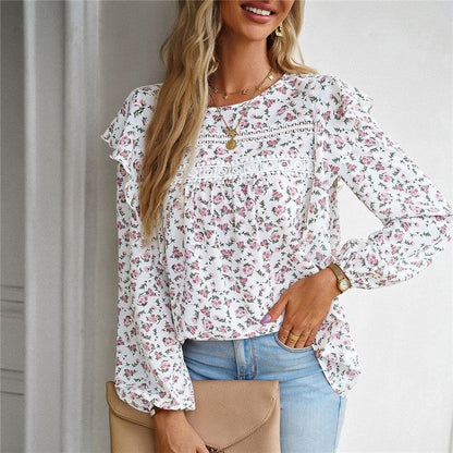 Round Neck Long Sleeve Floral Shirt