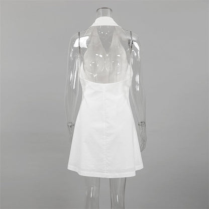White V Neck Backless A Line Mini Dress