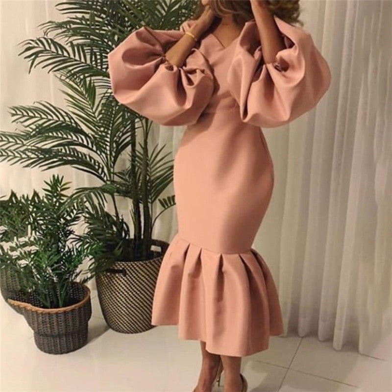 Solid Color V-Neck Bubble Long Sleeve Tail Gown Dresses