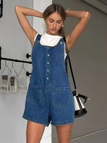 Pockets Buttons Denim Overall Shorts