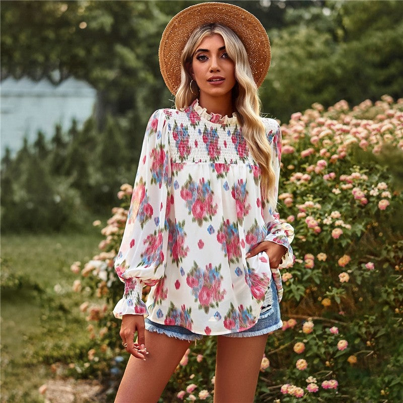 Long Sleeves Floral Printed Double-Layer Blouse