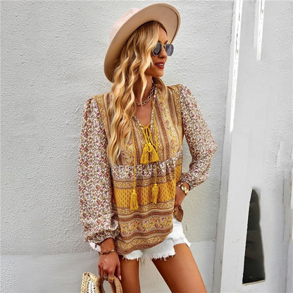 Long Sleeves V-Neck Printing Boho Blouse Top