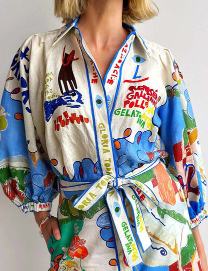 Lantern Sleeves Print Shirt String MIni Dress