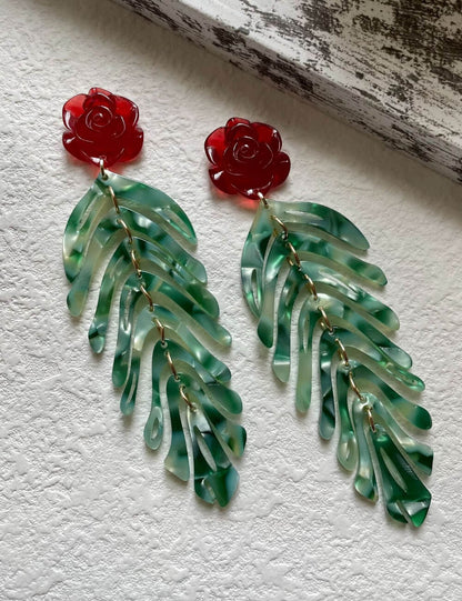 Vintage Red Rose Leaf Tassel Dangle Earrings