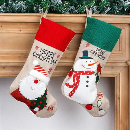 Linen Embroidery Old Man Snowman Gift Candy Bag Pendant Christmas Socks Gift Bag