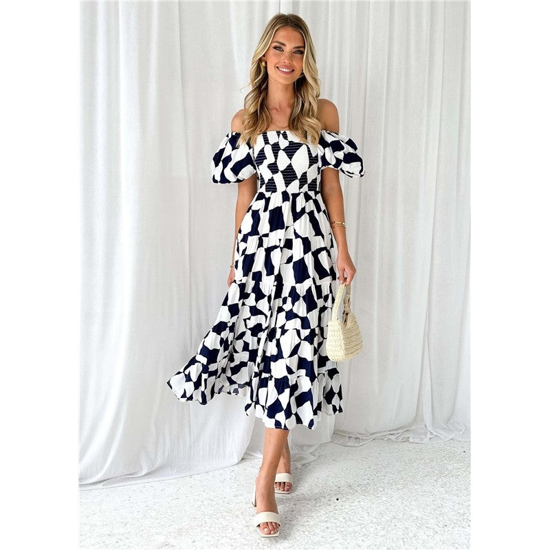 Boat Neck Short Sleeve Elastic Waist A-Line Long Dress