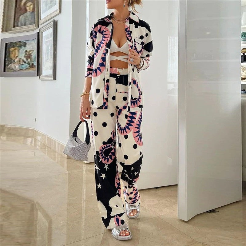 Printing Long Sleeve Lapel Single Breasted Blouse And High Waisted Wide Leg Pants Two Pieces Suit