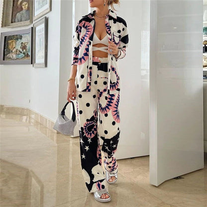 Printing Long Sleeve Lapel Single Breasted Blouse And High Waisted Wide Leg Pants Two Pieces Suit