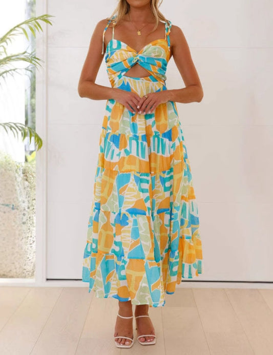 Print Hollow Out String Spaghetti Dress
