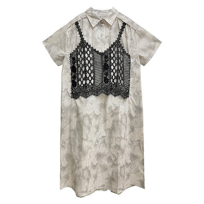 Lace Trim Polo Collar Short Sleeve A Line Dress
