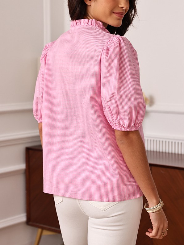 Plaid Floral Embroidered Ruffled  Shirt