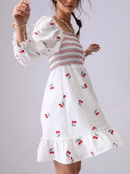 Cherry Smocking Square Collar Midi Dress