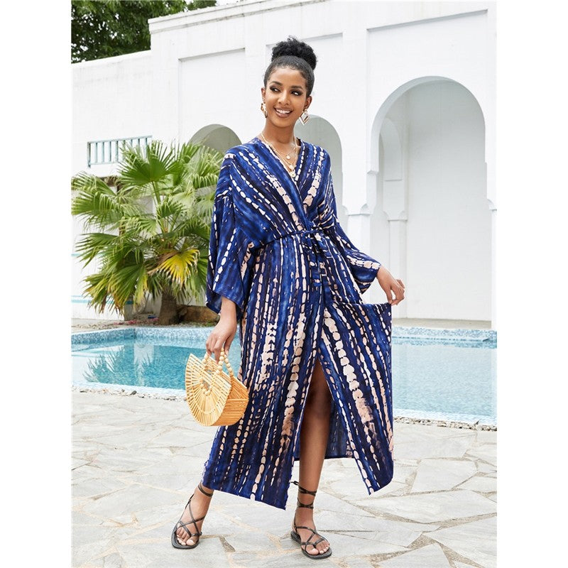 Long Sleeve Printing Waist Tied Casual Loose Long Cardigan Beach Bikini Cover-Up