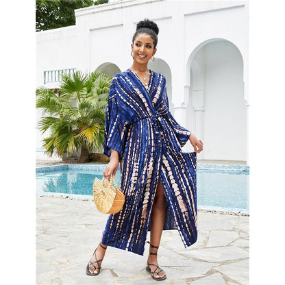 Long Sleeve Printing Waist Tied Casual Loose Long Cardigan Beach Bikini Cover-Up