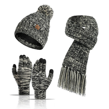 Three-Piece Set Of Color Hat Thick Scarf Touch Screen Gloves