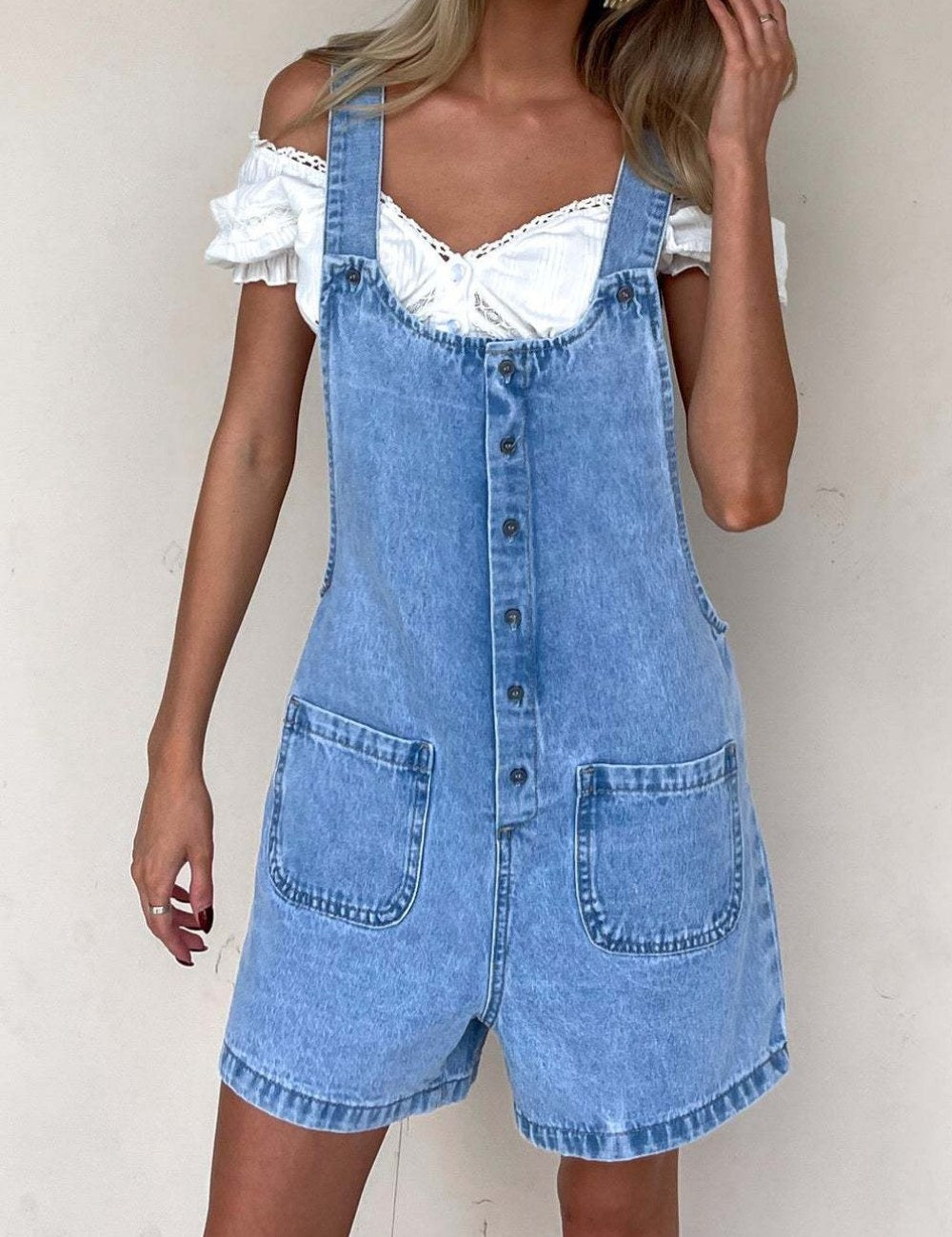 Pockets Buttons Denim Overall Shorts