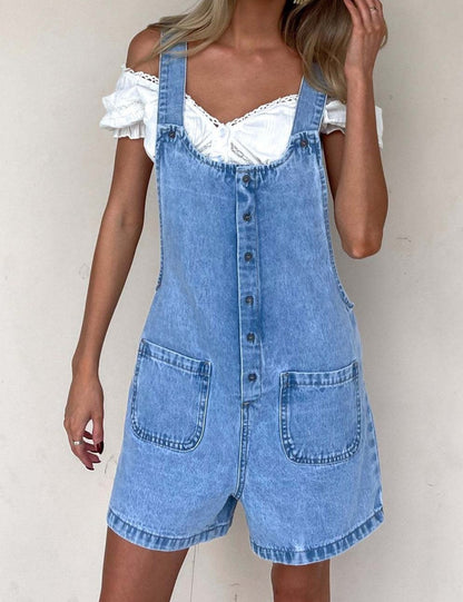 Pockets Buttons Denim Overall Shorts