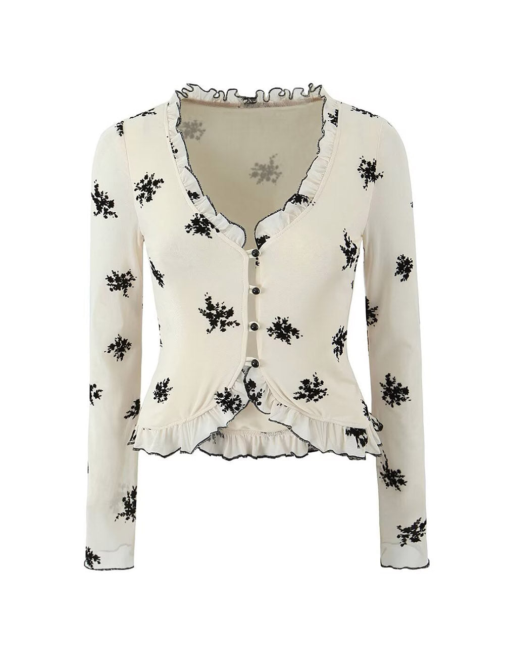 Floral Print V-Neck Lace Cardigan Blouse