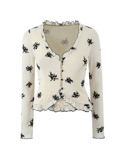 Floral Print V-Neck Lace Cardigan Blouse