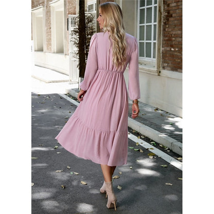 High Waist Solid Color V-Neck Dress