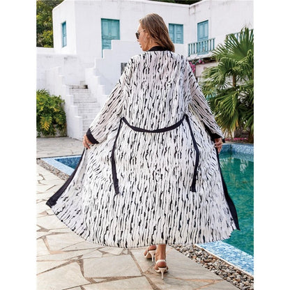 Contrast Color Printing Long Sleeve Belted Casual Loose Long Beach Cardigan Bikini Cover-Up