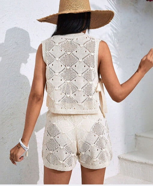 Hollow-Out Sleeveless Vest Short Knit Sets