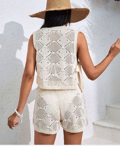 Hollow-Out Sleeveless Vest Short Knit Sets