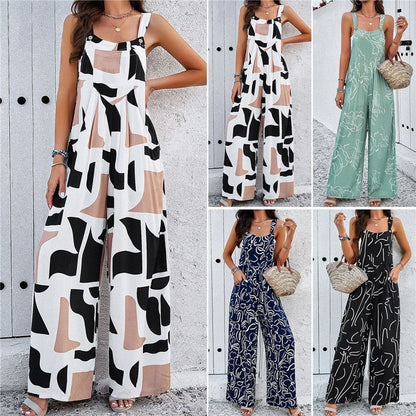 Contrast Color Printing Sleeveless Wide Leg Jumpsuits