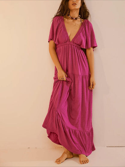 V-Neck Backless Short Sleeves Maxi Dress
