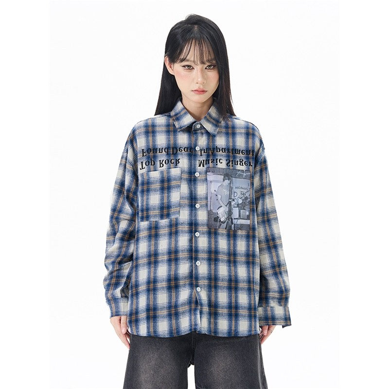 Letter Print Long Sleeve Plaid Shirt