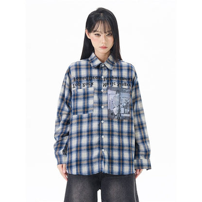 Letter Print Long Sleeve Plaid Shirt