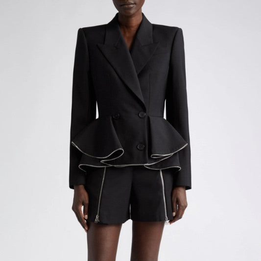 Solid Color Long Sleeve Lapel Buttoned Ruffled Slim Blazer Outerwear