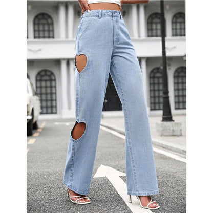 Casual Retro Side Ripped Heart-Shaped High-Waisted Loose Wide-Leg Jeans