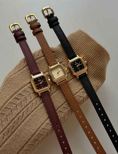 Vintage Octagonal Gold Case Leather Wrist Watch