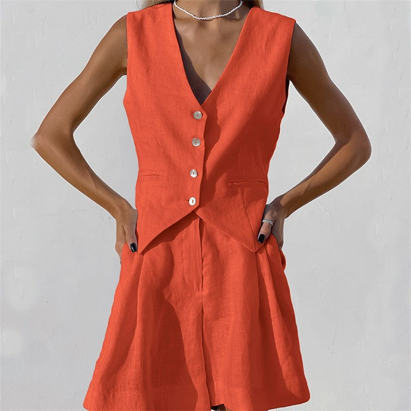 Solid Color Suit Vest Shorts Two-Piece Set