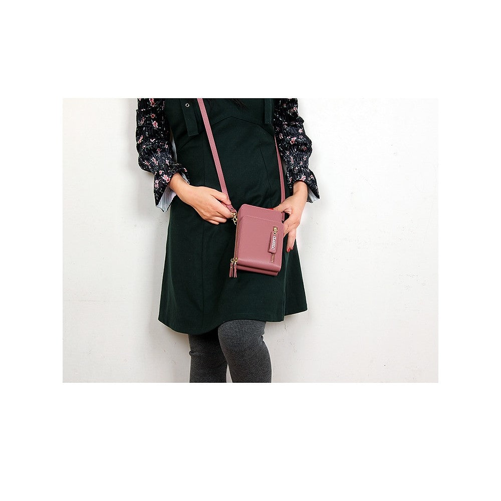 PU Leather Solid Color Double Layer Zippers Large Capacity Multifunctional Cell Phone Purse Crossbody Bag