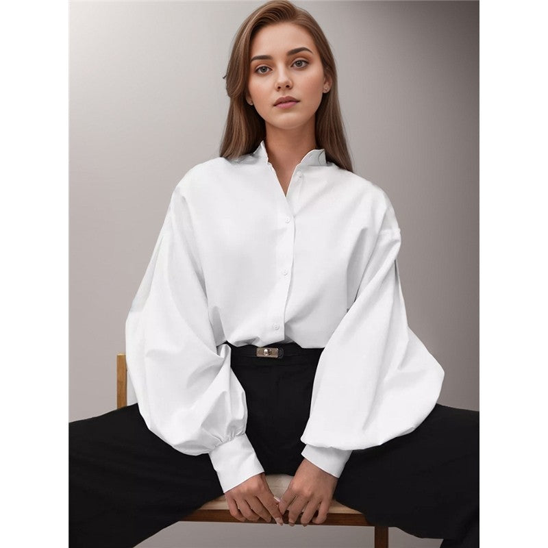 Solid Color Lapel Single Breasted Lantern Sleeves Blouse