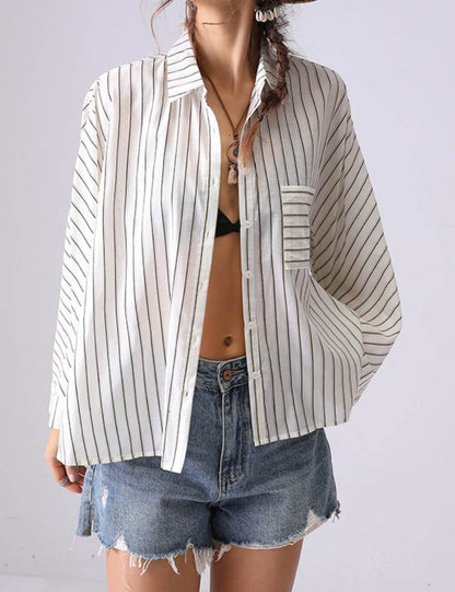 Casual Striped Lapel Collar Batwing Sleeve Top