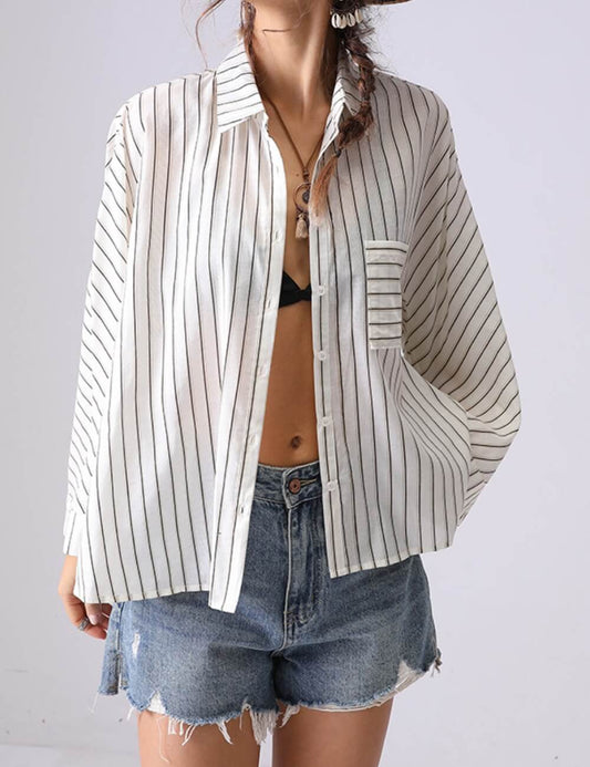 Casual Striped Lapel Collar Batwing Sleeve Top