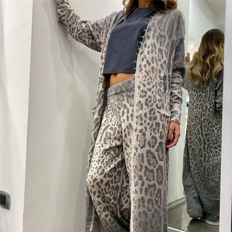 Leopard Print Long Sleeve Cardigan And Pants Set