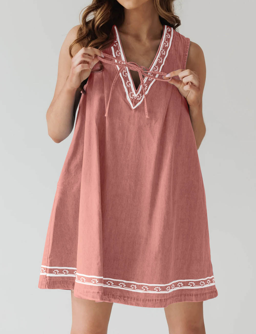 Trendy V-Neck Sleeveless Embroidered Denim Dress