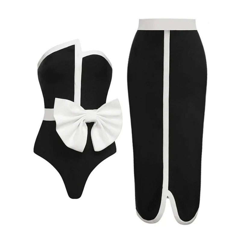 Color Block Bow Swimwear Skirt Cover