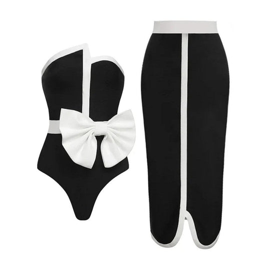 Color Block Bow Swimwear Skirt Cover
